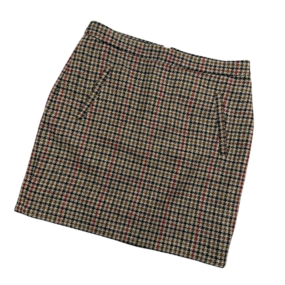 J.Crew Houndstooth Plaid Skirt Womens 8 Brown Wool Blend Mini Zip Pockets E0168